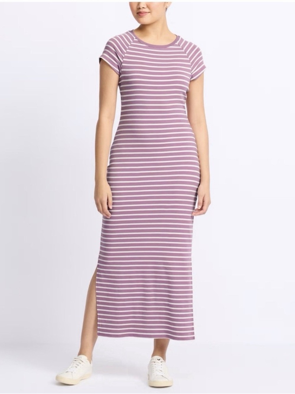 Gilli Mauve and White Striped Maxi Tee Dress stitch, fix medium NWT
